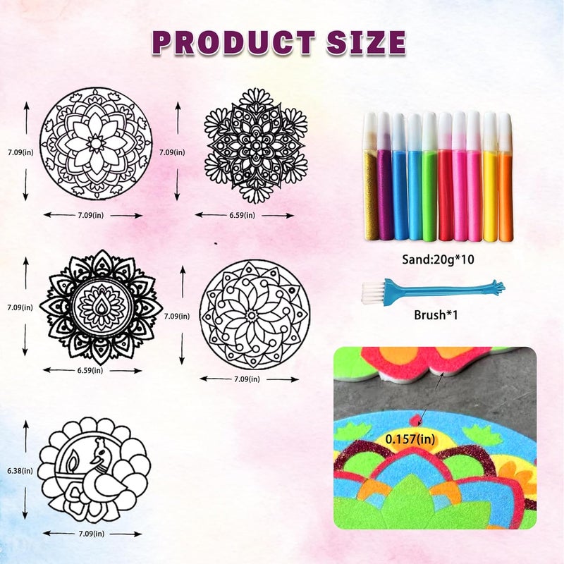 MLOLM Rangoli Mandala Sand Art Kit, 5-Piece DIY Peel and Stick Craft with Glitter Sand for Diwali, Indian Home Traditional Festival Decoration - Image 2